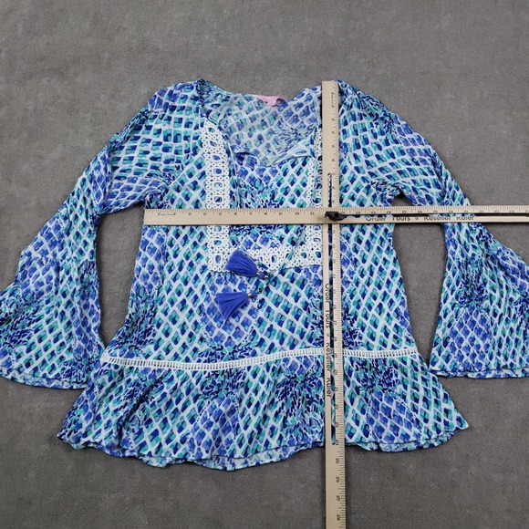 Lilly Pulitzer Amisa Top Womens XS Blue Green Boho‎ Peplum Bell Sleeve Tunic - Picture 2 of 10